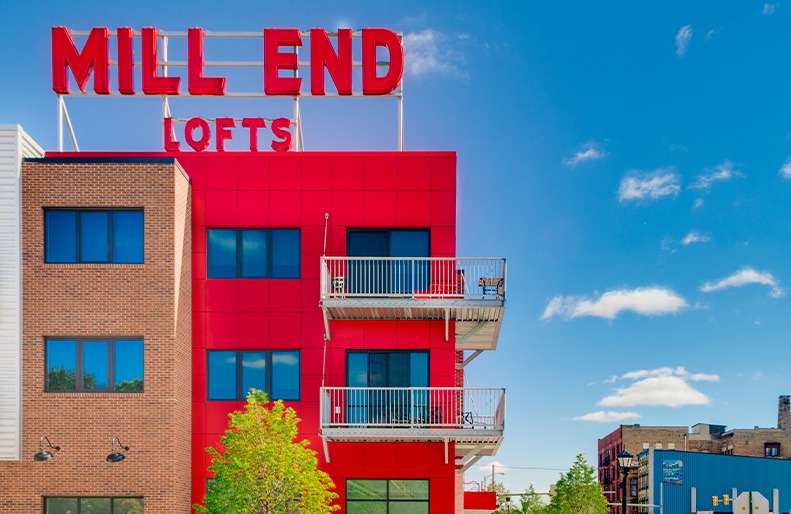 Exterior details of Mill End Lofts in Bay City, Michigan.