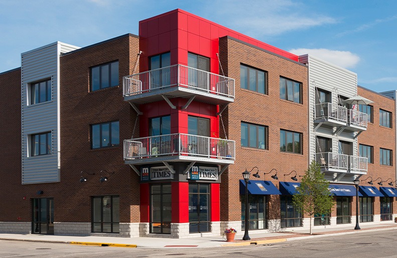 Exterior details of Mill End Lofts in Bay City, Michigan.