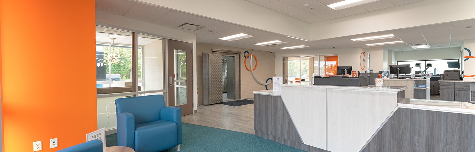 The interior reception area of Jolt Credit Union in Midland, Michigan.