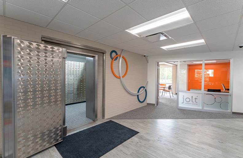 Interior reception area at Jolt Credit Union in Midland, Michigan.