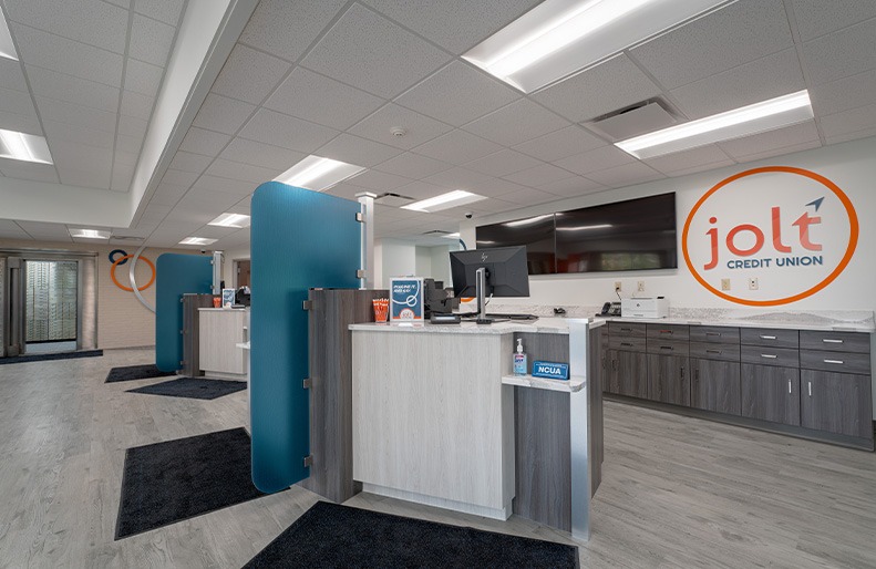 Interior reception area at Jolt Credit Union in Midland, Michigan.