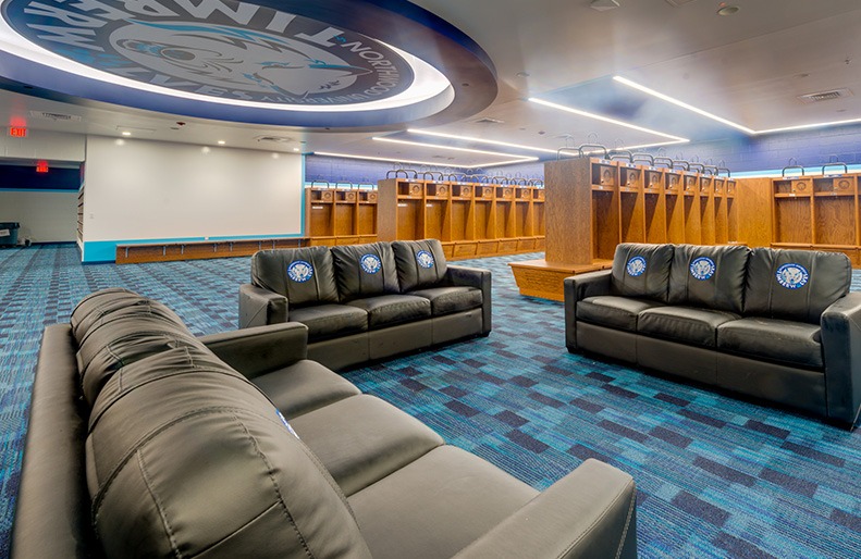 Inside the renovated football locker room at Northwood University.